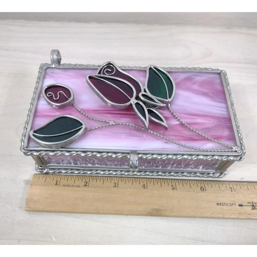 Vtg Stained Pink Slag Glass Jewelry Storage Box Red Roses 3D Lid